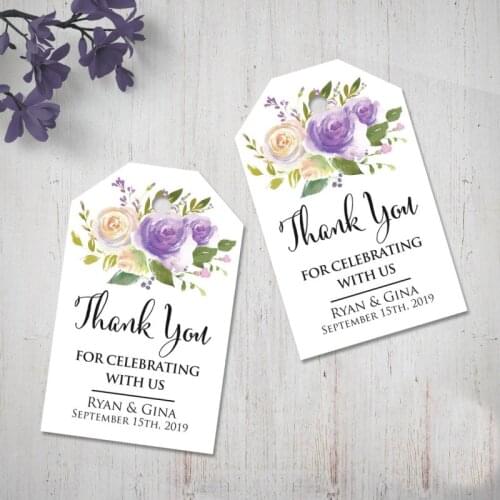 Custom Purple Floral Wedding Thank You Tags, Personalized Gift Tags, Favor Tags, Thank You For Celebrating Bridal Shower Party