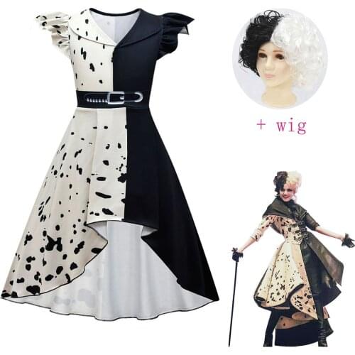Movie Halloween Costumes for Kids Girls Clothes Character Cruella De Vil Cosplay Fancy Black White Maid Princess Dresses Outfits