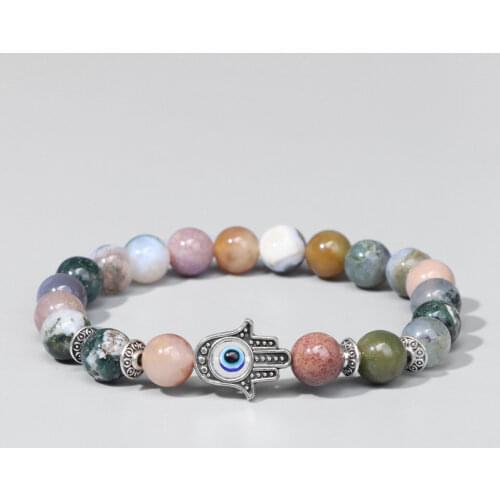 Fashion Fatima Hand &Evil Eye Charm Buddha Bracelets Men Natural Stone Beads Blue Jaspers Stone Bracelet Jewelry Gifts Unisex