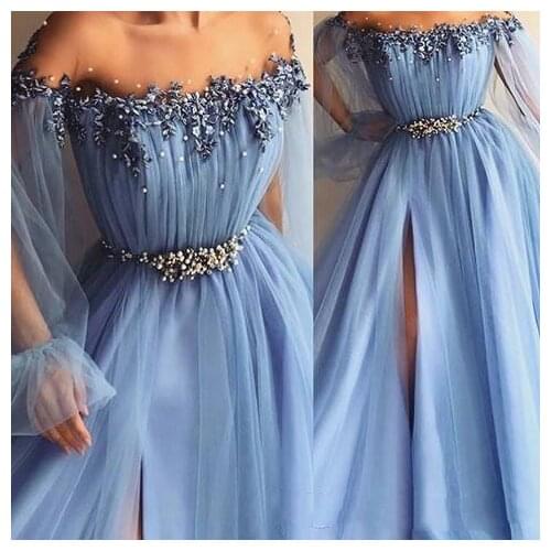 Sky Blue Prom Dresses Appliques Pearl A Line Jewel Poet Long Sleeves Formal Evening Gowns Front Split vestidos de fiest