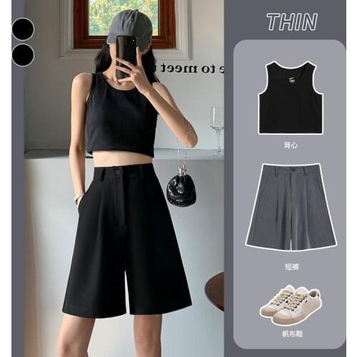 2021 New Suit Fabrics Summer High Waist Straight Middle Pants for Woman Black Grey Thin Casual Shorts Women Bottoms Pants