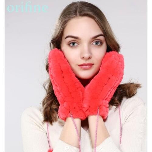 New lady winter warm fashion gloves natural rex rabbit fur mittens bright color soft thick