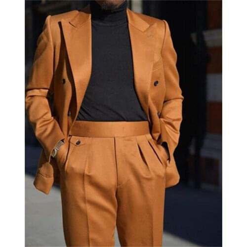 Orange Double Breasted Mens Suits Slim Fit Party Wear Two Pieces Formal Occasion Peaked Lapel Coat+Pant Jacket Trajes De Hombre