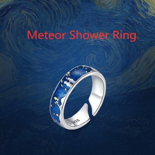 Popular Jewelry Meteor Shower Blue Drop Oil Sterling Silver S925 Ring Fashion Temperament Girl Open Silver Ring