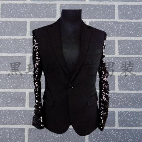 S-3xl New Plus Size Mens Clothing Fashion Sequin Blazer Slim Black Sequins Sleeve Suit Jacket Stage Singer Nightclub Costumes