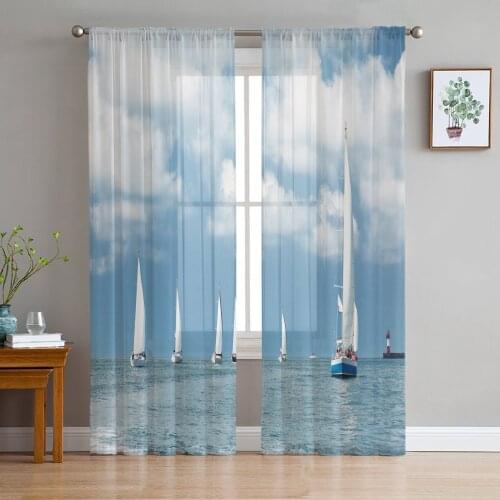 Sea Sailing Boat Blue Sky White Clouds Sheer Curtains for Living Room Tulle for Windows Voile Yarn Short Bedroom Curtains