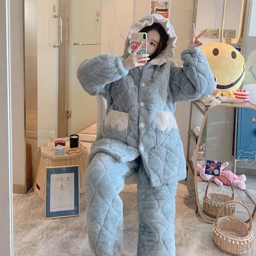 Female Autumn Winter New Coral Velvet Thick Three-layer Cotton Pajama Set Cartoon Cute Flannel Suit Leisure Sleepwear Negligee