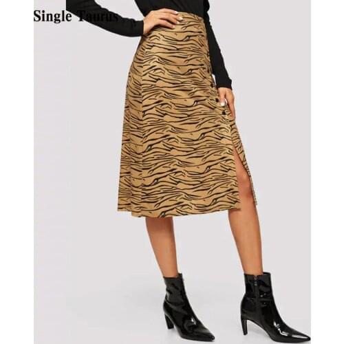 2020 Summer Fall Womans Leopard Print Split Sexy Skirt High Waist Button Aline Women Clothes Korean Style Lady Mid Calf Skirts