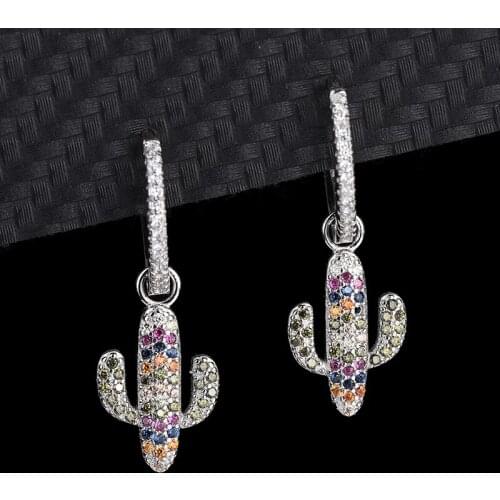 European And American Colored Diamond Cactus Earrings Female Colorful Zirconia 925 Sterling Silver Personality Fashion Wholesale