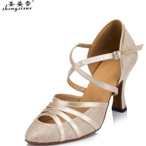 WUXIJIAO Brand Womens Latin dance shoes Autumn and Winter Ballroom dancing shoes 8cm heel height Gray Champagne Silver color