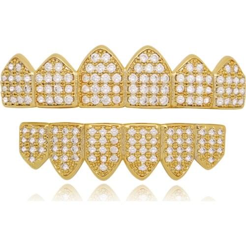 Hip Hop Iced Out Grillz Teeth Caps Top & Bottom Dental Grills Men Women Vampire Fang Teeth Cosplay Party Halloween Jewelry