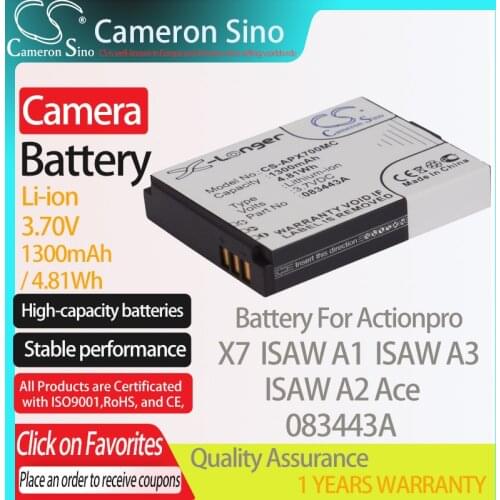 CameronSino Battery for Actionpro X7 ISAW A1 ISAW A2 Ace ISAW A3 fits Actionpro 083443A camera battery 1300mAh/4.81Wh 3.70V
