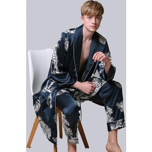Two-Pieces Satin Nightgown Satin male Sleepwear Loose Tiger Dress Silky Long Sleeve Robe and Long Pants bathrobe set for Men