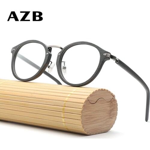 AZB Vintage Wooden Clear Lens Glasses Women Men Optical Glasses Frame Wooden Round Myopia Eyewear Frames for Women