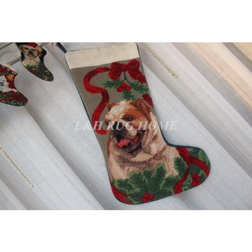 Free Shipping Christmas Needlepoint Vintage Hand knotted Christmas Stocking Sock Cute Dogs Design Stocking Socks 28X43CM