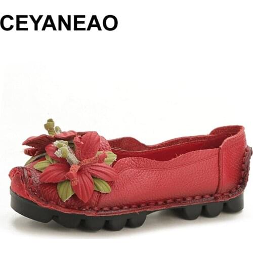 CEYANEAO New Summer Women cutouts Genuine Leather Shoes Comfortable Buckle Flats Nurse Casual Handmade ballet flatsC043