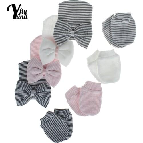 Yundfly Infant Soft Comfortable Knitting Cotton Hat and Glove Two Piece Set Fashion Striped Bowknot Newborn Caps Warm Mitten