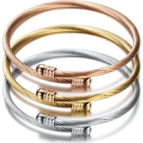 Elastic Cable Wire Bangle Stainless Steel Bracelet Screw with Removable Twisted Cuff Charm Beads Jewelry