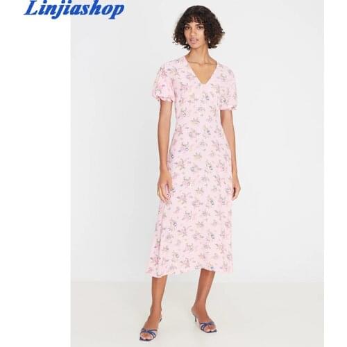 Elegant floral print midi dress women v neck buttons short sleeve loose plus size chic holiday summer dress femme vestidos