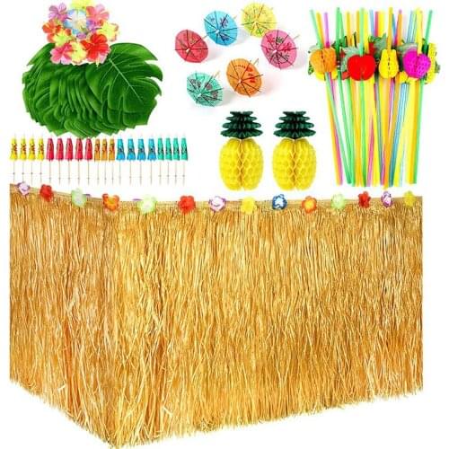 Hawaiian Tropical Party Decoration Set,Party Supplies with Hawaiian Luau Grass Table Skirt, Hibiscus Flowers Etc