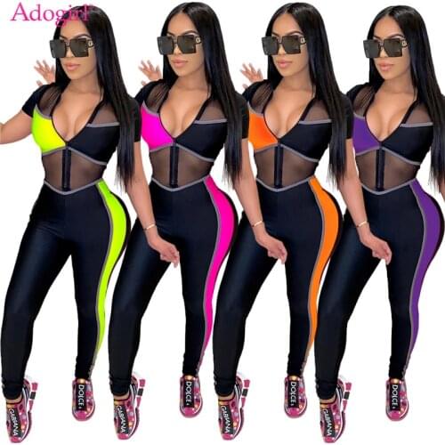 Adogirl Color Patchwork Sheer Mesh Women Sexy Jumpsuit Zipper V Neck Short Sleeve Tights Romper Night Club Overalls Outfits