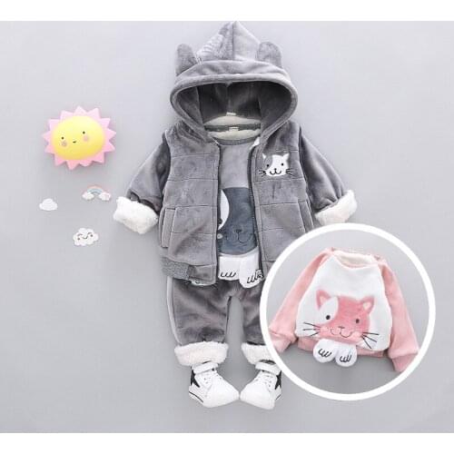 Winter Thicken Warm Pleuche Clothes Baby Girl Boys Clothing Sets Cartoon Cat Hooded +Vest+Pants Sets 3 pcs Sports Suits