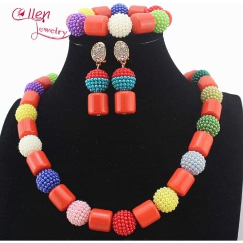 Colorful Coral African Beads Necklace jewelry Set Nigerian wedding beads Necklace Jewelry Set Artificial Pearl Beaded W13856