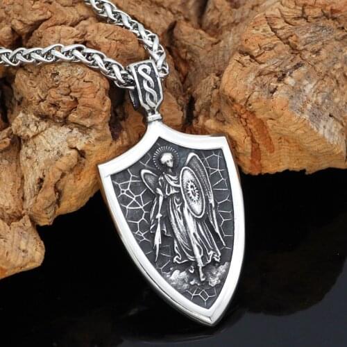 ST.MICHAEL ARCHANGEL CROSS SHIELD PRAYER MEDAL Amulet PENDANT NECKLACE Stainless Steel