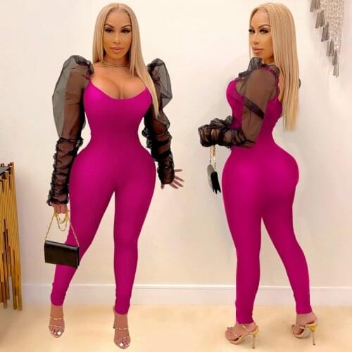 Summer Jumpsuit Women Casual Mesh Puff Sleeves Sexy Bodysuit One Piece Outfit Nightclub Lounge Streetwear Wholesale Items