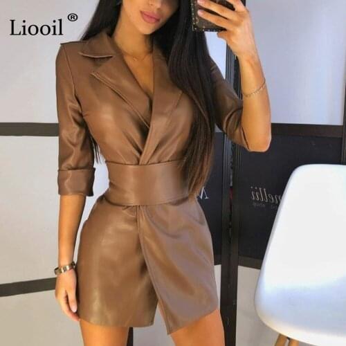 Liooil Pu Leather Mini Dress Women 2021 Three Quarter Sleeve Turn-down Collar With Sashes Ladies Streetwear Black Brown Dresses