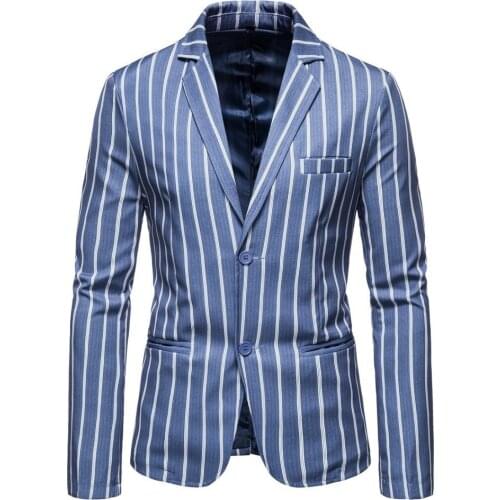 Two Button Blue Slim Fit Blazer Men Casual Vertical Stripe Suit Jackets Autumn Plus Size Wedding Blazer Masculino
