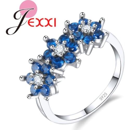 New Stylish Blue Round Rhinestone Flower Ring for Wedding Engagement Women Ladies Fine 925 Sterling Silver Jewelry Band