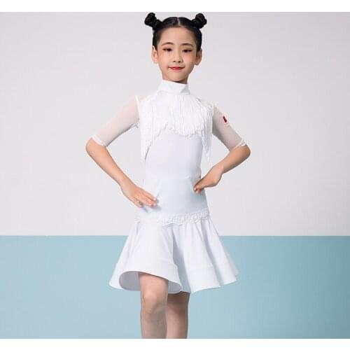 New Girls Latin Dance Dresses Latin Dance White Fringe Practice Costumes Kids Modern Ballroom Dance Competition Dresses VO889