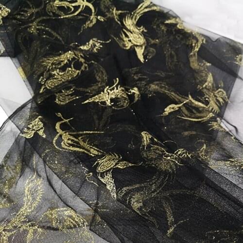 One meter High quality nylon mesh material Gold Phoenix stamping fabric for dress dress poncho skirt childrens fabric