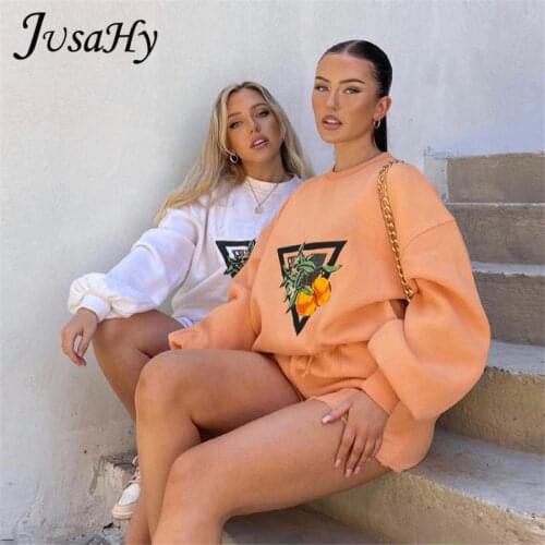 JuSaHy Autumn Casual Womens Two Pieces Sets Print Long Sleeves Tops And Shorts Matching Outfits Streetwear Female Tracksuit