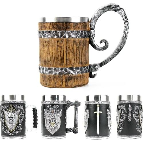 Winged Sword And Shield Skull Crest Beer mug Double Headed Eagle Crest Axe Handle Tankard Stainless Steel Tumbler Beer Cup