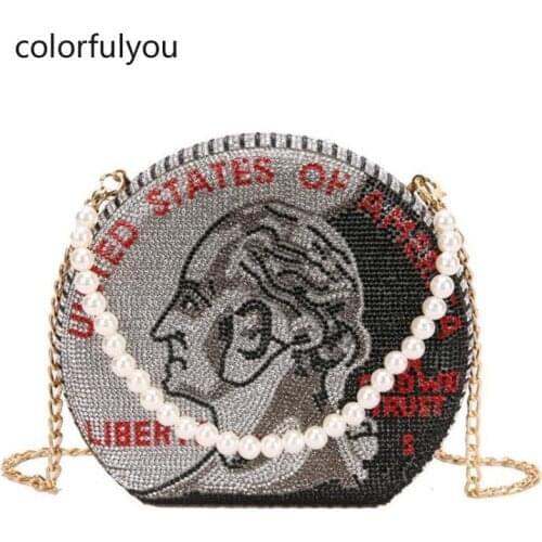 Luxury Diamond Dollar Round Bag Women Coin Design Party Clutch Bag Purses and Handbags for Pearl Handle Evening Chain Bag 2021