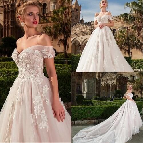 Luxury Wedding Dresse Off the Shoulder Appliques Long Train Tulle Bridal Dresses Lace up Vestido De Noiva