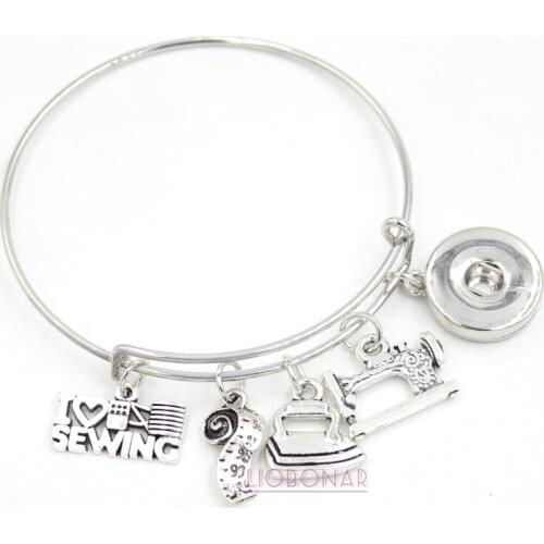 Snap Jewelry I Love Sewing Bracelets Expandable Bangle Liobonar Snap Buttons Charms Bracelets for Women Ladies Sewing Lover Gift