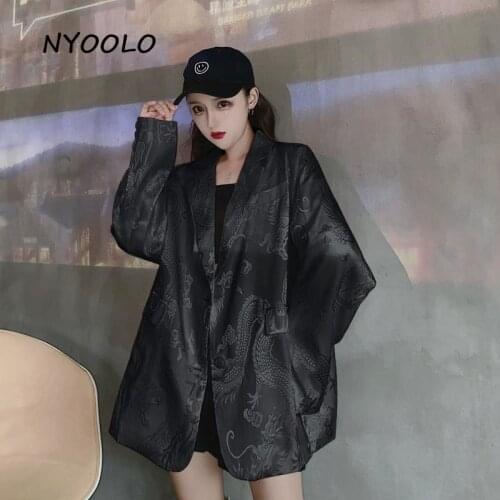 NYOOLO Harajuku streetwear Dragon pattern Loose long sleeve Blazer jacket women Autumn pockets Single breasted outerwear tops