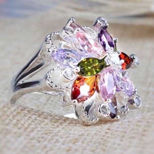 YaYI Jewelry Fashion Princess Cut Multi-Color Huge Flower Cubic Zirconia Silver Color Engagement Wedding Party LoversRings