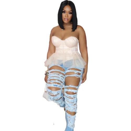 Curvy Jeans Woman High Waist 2021 New Light Blue Ripped Hole Women Summer Plus Size Denim Pencil Pants Jean Pantalon Pour Femme