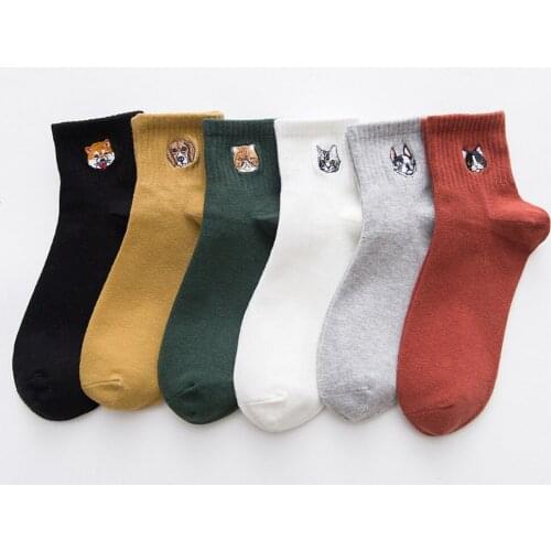 Women Cotton Spring Autumn Socks Fashion Embroidery Cute Cartoon Cat Short Crew Socks Casual Student Japanese Style