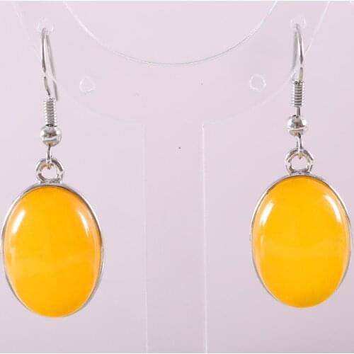 Natural Stone Dangle Earrings For Women Yellow Jades Oval Beads Stainless Steel Earrings 1Pair U450