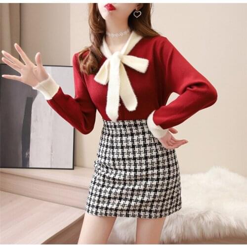 Womens Sweater 2020 Autumn And Winter Slim Bow Knitted Dress Cute And Fashionable