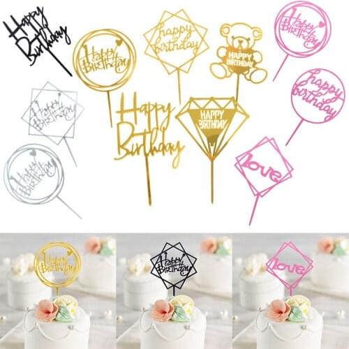 1Pcs Gold Silver Pink Black Happy Birthday Acrylic Cake Topper Baking Supplies Cupcake Wedding Birthday Party Cake Decoration