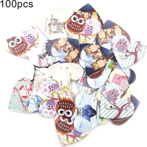 100Pcs Heart Shape Owl Print 2 Holes Wooden Buttons Clothes Bag Sewing Accessory Buttons