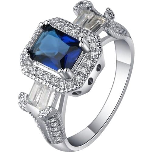 2017 summer fashion blue crystal ring for women 2ct large suqare birthstone zircon band trend jewelry shiny female bague