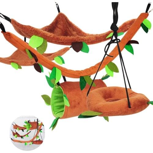 5pcs/set Hamster Hanging House Kit Leaf Wood Design Small Animal Hammock Tunnel Ropeway Swing for Small Pet Gerbil Sugar Glider