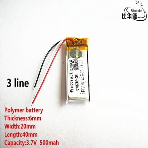 5pcs/lot 3 line Good Qulity 3.7V,500mAH,602040 Polymer lithium ion / Li-ion battery for TOY,POWER BANK,GPS,mp3,mp4